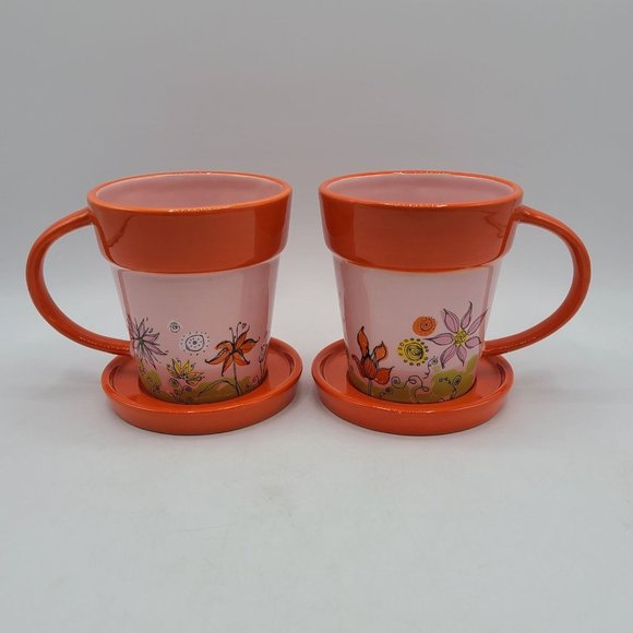 Starbucks 2006 Orange Spring Flower Planter Mugs and Saucers Set of 2 - Picture 2 of 9